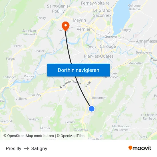 Présilly to Satigny map