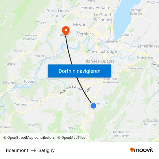 Beaumont to Satigny map