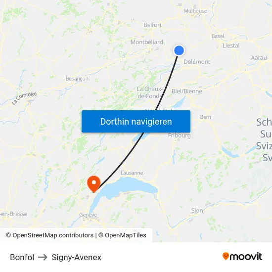Bonfol to Signy-Avenex map