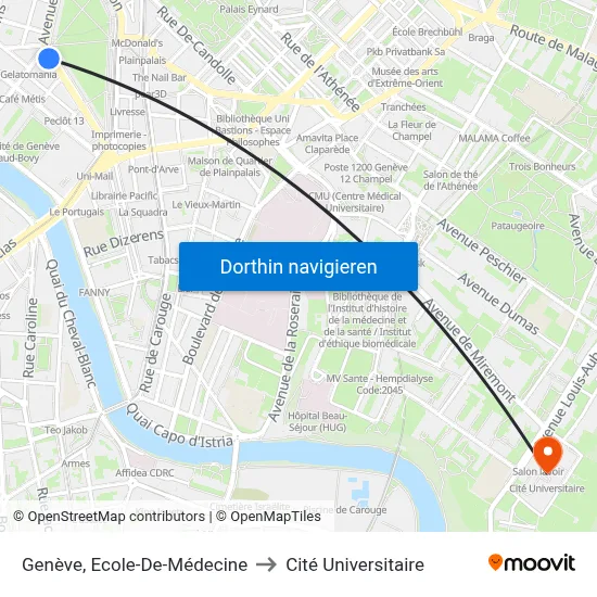 Genève, Ecole-De-Médecine to Cité Universitaire map