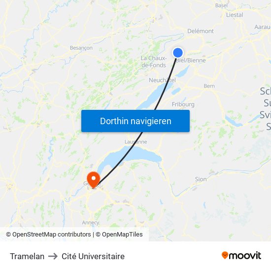 Tramelan to Cité Universitaire map