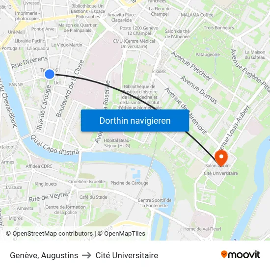 Genève, Augustins to Cité Universitaire map