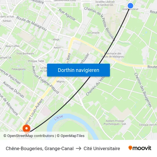 Chêne-Bougeries, Grange-Canal to Cité Universitaire map
