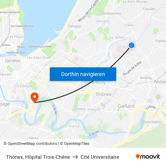 Thônex, Hôpital Trois-Chêne to Cité Universitaire map