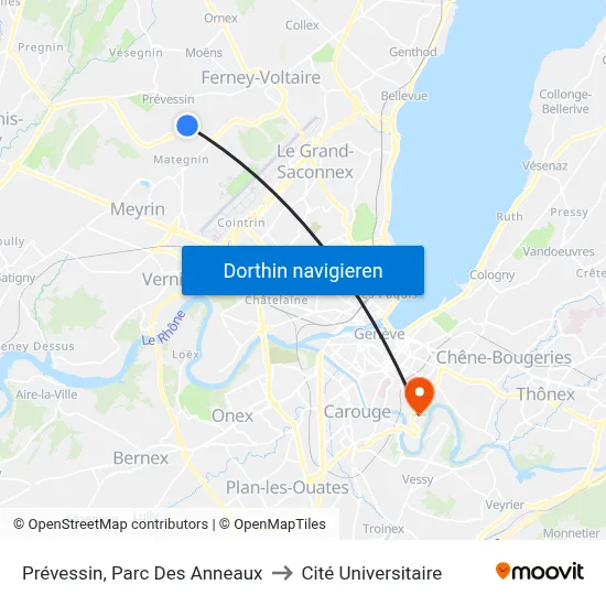 Prévessin, Parc Des Anneaux to Cité Universitaire map