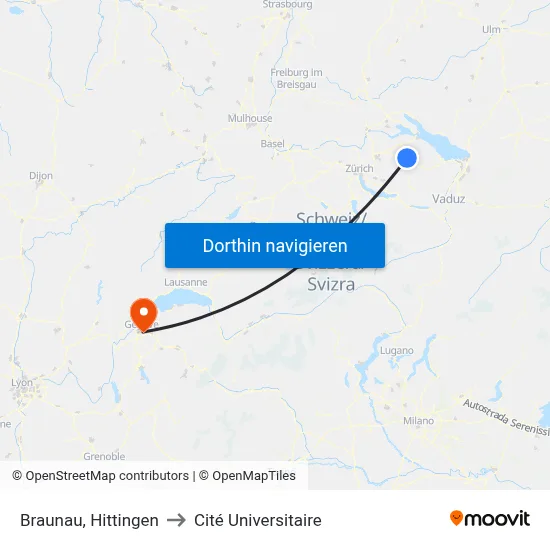 Braunau, Hittingen to Cité Universitaire map