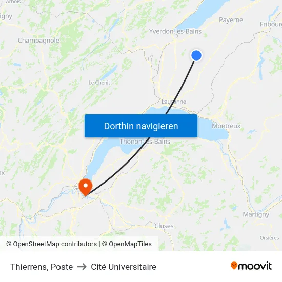 Thierrens, Poste to Cité Universitaire map