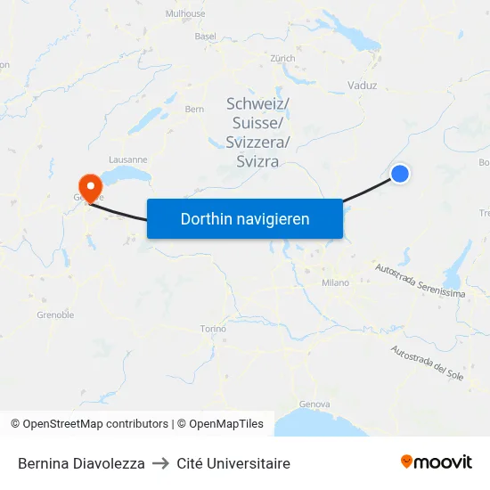 Bernina Diavolezza to Cité Universitaire map