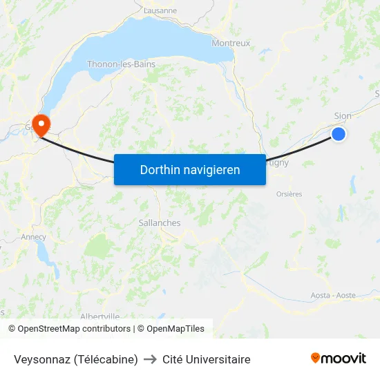 Veysonnaz (Télécabine) to Cité Universitaire map