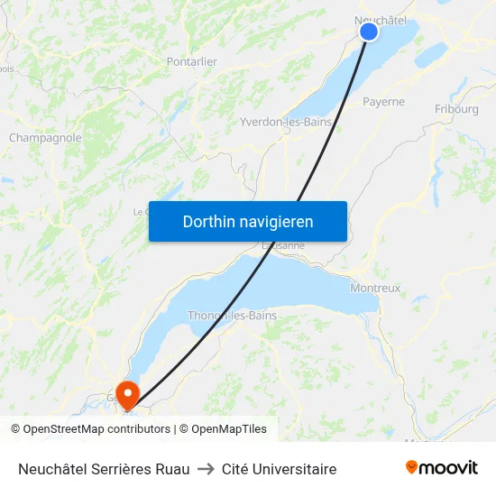Neuchâtel Serrières Ruau to Cité Universitaire map