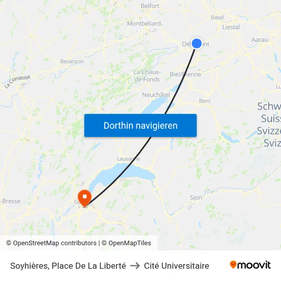 Soyhières, Place De La Liberté to Cité Universitaire map