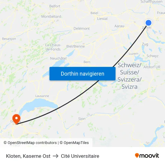 Kloten, Kaserne Ost to Cité Universitaire map