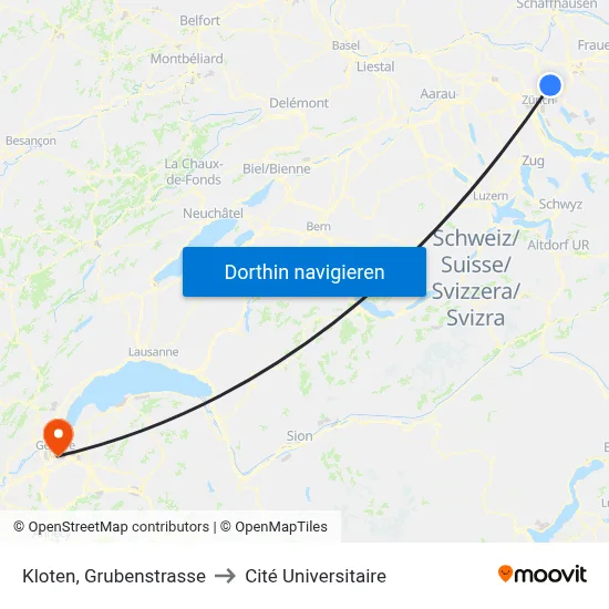 Kloten, Grubenstrasse to Cité Universitaire map