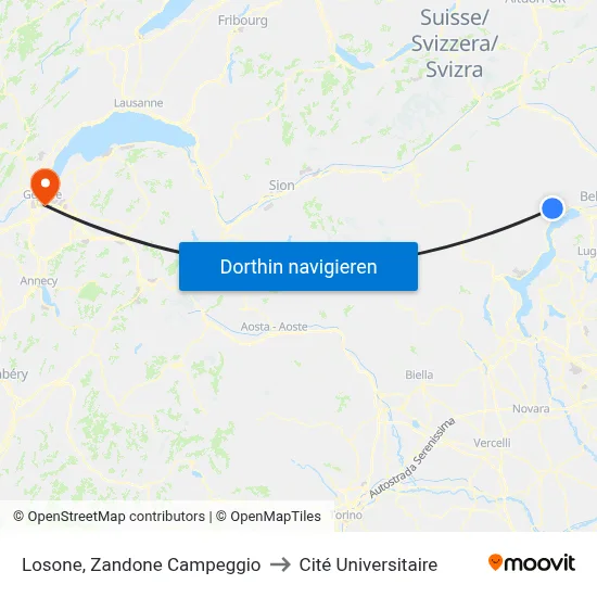 Losone, Zandone Campeggio to Cité Universitaire map