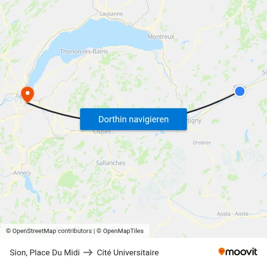 Sion, Place Du Midi to Cité Universitaire map