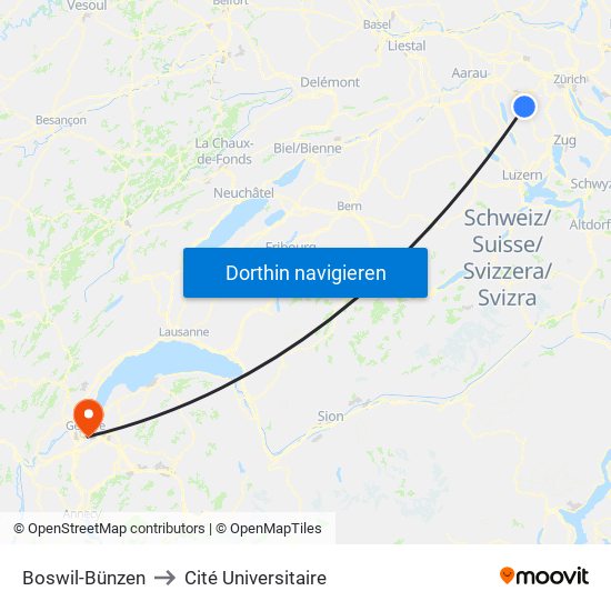 Boswil-Bünzen to Cité Universitaire map