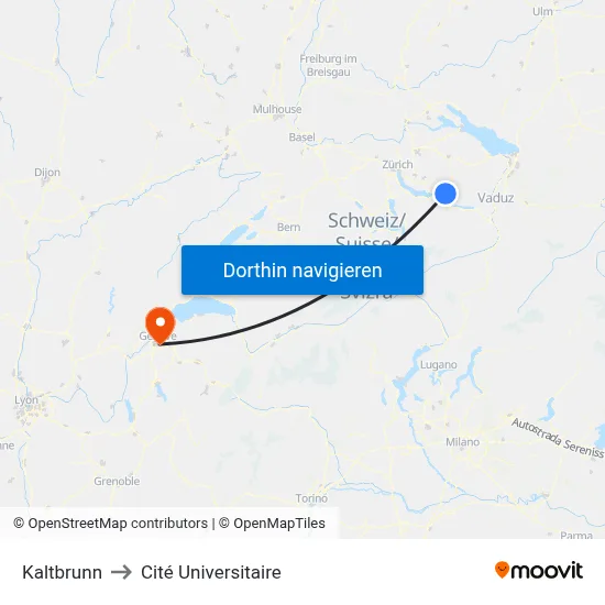 Kaltbrunn to Cité Universitaire map