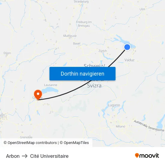 Arbon to Cité Universitaire map