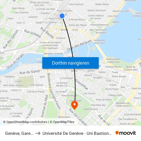 Genève, Gare Cornavin to Université De Genève - Uni Bastions (Bâtiment Principal) map