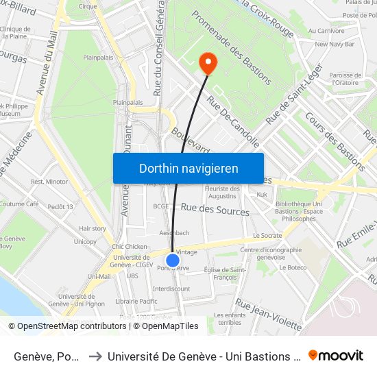 Genève, Pont-D'Arve to Université De Genève - Uni Bastions (Bâtiment Principal) map