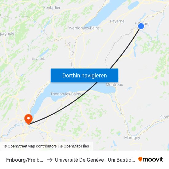 Fribourg/Freiburg, Pl. Gare to Université De Genève - Uni Bastions (Bâtiment Principal) map