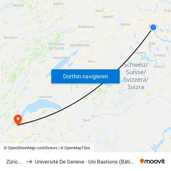 Zürich Hb to Université De Genève - Uni Bastions (Bâtiment Principal) map