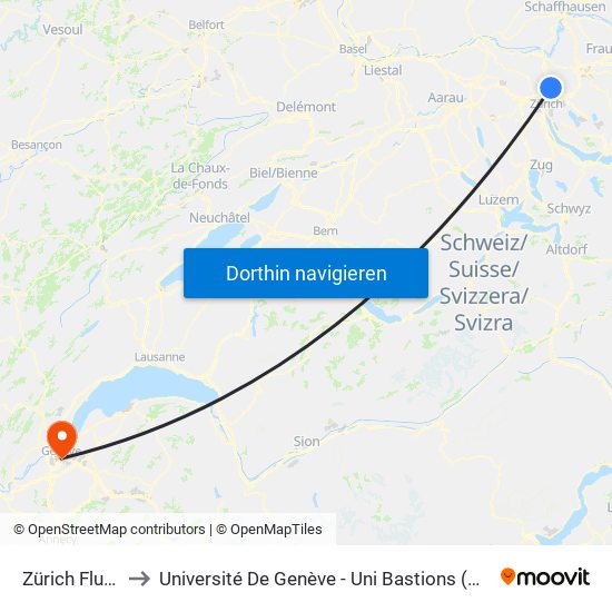 Zürich Flughafen to Université De Genève - Uni Bastions (Bâtiment Principal) map