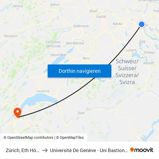 Zürich, Eth Hönggerberg to Université De Genève - Uni Bastions (Bâtiment Principal) map