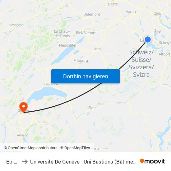 Ebikon to Université De Genève - Uni Bastions (Bâtiment Principal) map