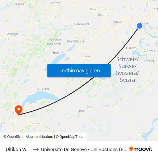 Uitikon Waldegg to Université De Genève - Uni Bastions (Bâtiment Principal) map