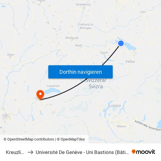 Kreuzlingen to Université De Genève - Uni Bastions (Bâtiment Principal) map