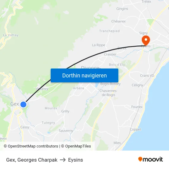 Gex, Georges Charpak to Eysins map