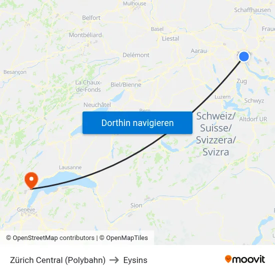 Zürich Central (Polybahn) to Eysins map
