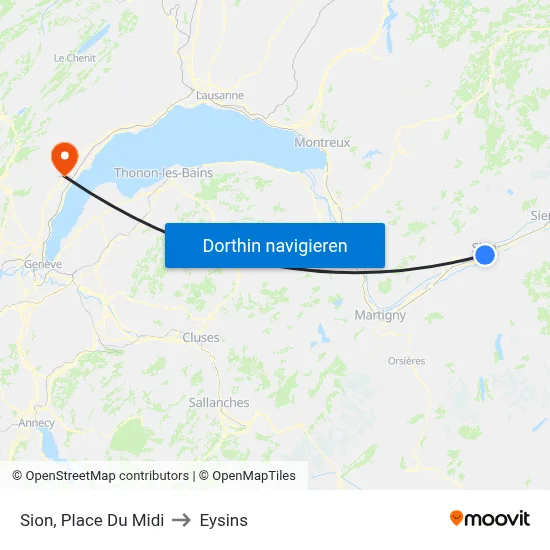 Sion, Place Du Midi to Eysins map