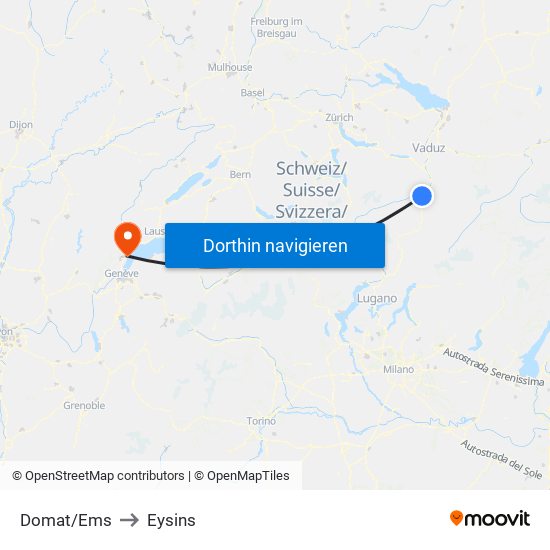 Domat/Ems to Eysins map