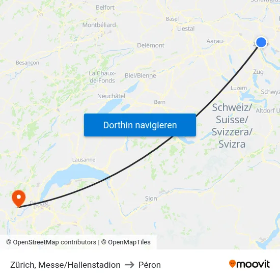 Zürich, Messe/Hallenstadion to Péron map