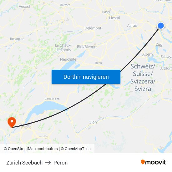 Zürich Seebach to Péron map