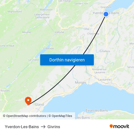 Yverdon-Les-Bains to Givrins map