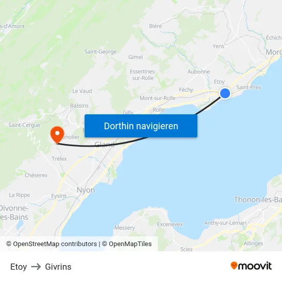 Etoy to Givrins map