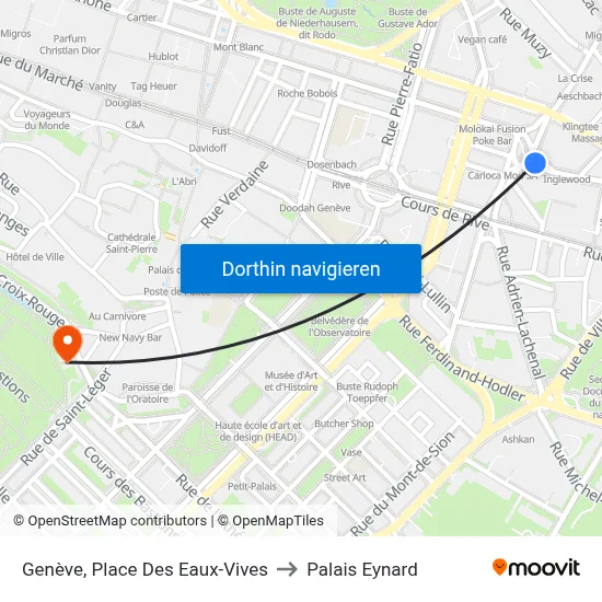 Genève, Place Des Eaux-Vives to Palais Eynard map