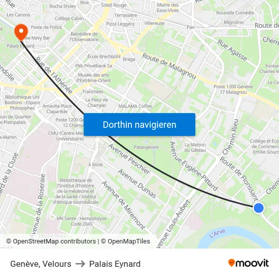 Genève, Velours to Palais Eynard map