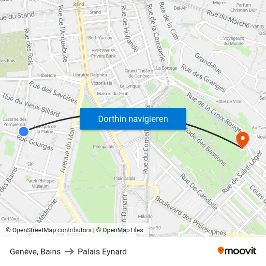 Genève, Bains to Palais Eynard map