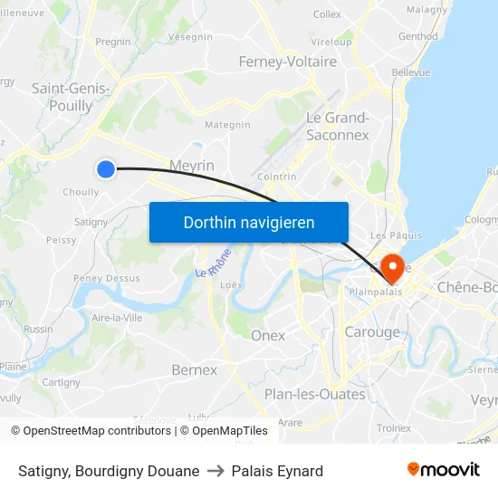 Satigny, Bourdigny Douane to Palais Eynard map