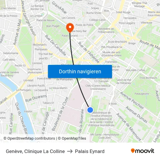 Genève, Clinique La Colline to Palais Eynard map