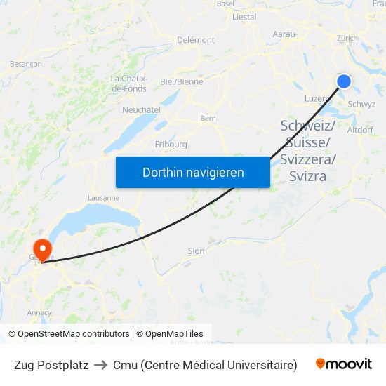 Zug Postplatz to Cmu (Centre Médical Universitaire) map