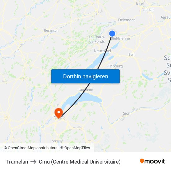 Tramelan to Cmu (Centre Médical Universitaire) map