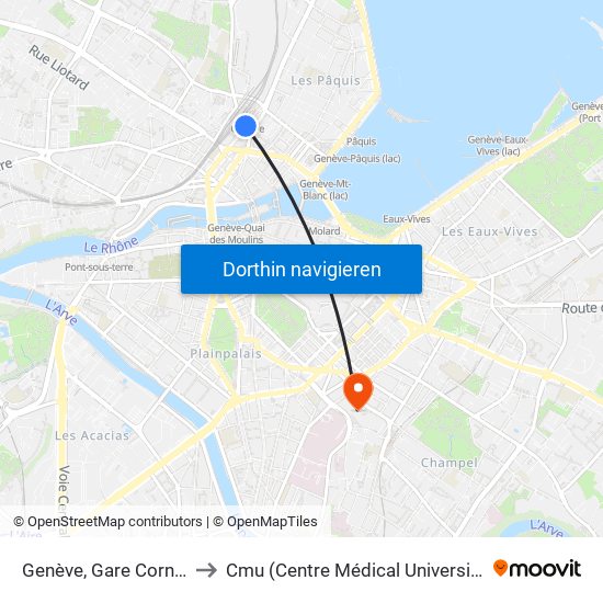 Genève, Gare Cornavin to Cmu (Centre Médical Universitaire) map
