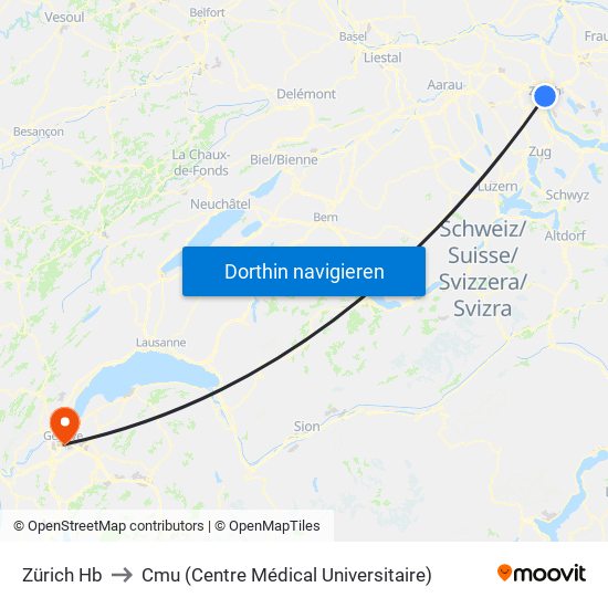 Zürich Hb to Cmu (Centre Médical Universitaire) map