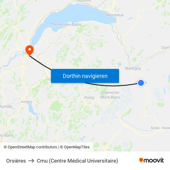 Orsières to Cmu (Centre Médical Universitaire) map