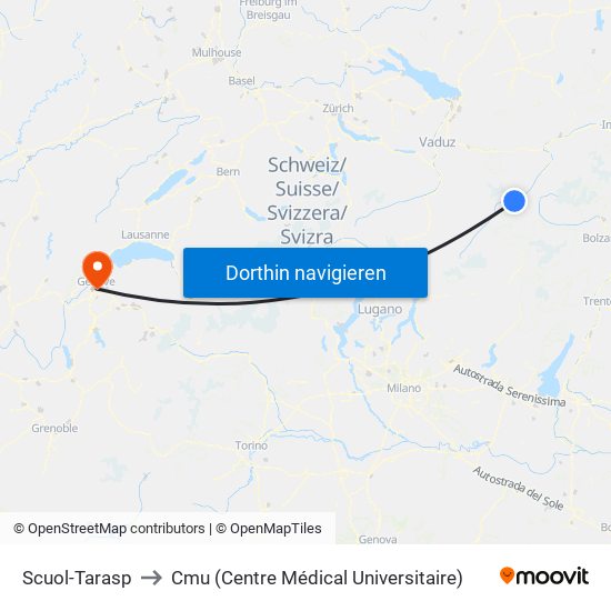 Scuol-Tarasp to Cmu (Centre Médical Universitaire) map